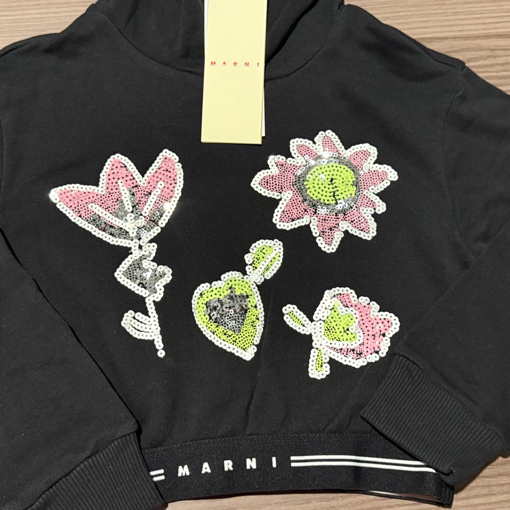 Marni Kids Black Sweatshirt Sequined Flowers